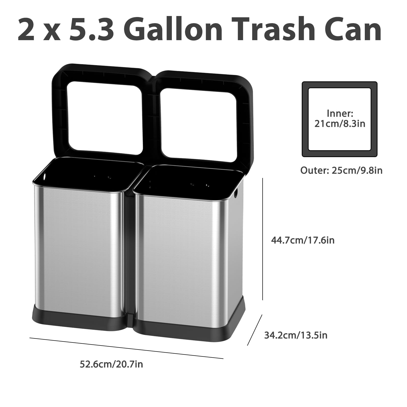 Cubo de basura abierto de 2 x 5.3 galones, cubo de basura de cocina de acero inoxidable a prueba de huellas dactilares, doble compartimento sin tapa para oficina, restaurante, comedor