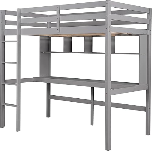 Miniatura 7 de ODC Cama tipo loft de tamaño individual con escritorio estudio para niños adolescentes cama tipo loft individual con escritorio y estantes de