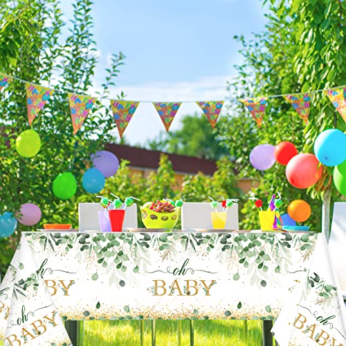 Image of 3 Pieces Sage Greenery Oh Baby Tablecloths for Baby Shower Party Decorations Plastic Disposable Gold Foil Eucalyptus Leaf Table Covers for Rectangle Tables Sage Boho Woodland Neutral Party Supplies