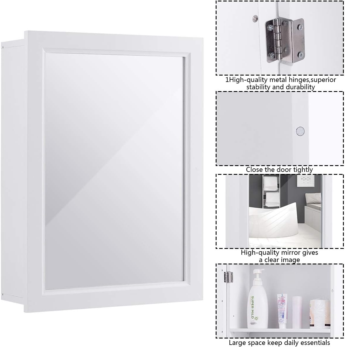 Tangkula Mirrored Bathroom Cabinet, Wall Mount Storage Cabinet with Single Doors, Hanging Medicine Cabinet for Bathroom (White)
