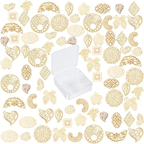 SUNNYCLUE 1 Box 80Pcs 16 Styles Filigree Connector Charms Flower Joins Links Wraps Metal Iron Pendants Leaf Oval Flat Round Heart Shape for Jewelry Making Findings Crafts Supplies, Golden