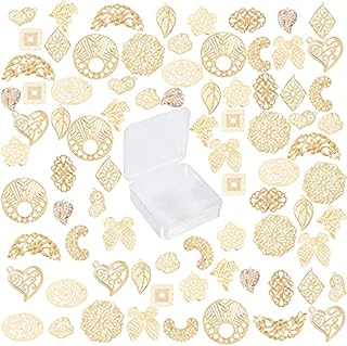 SUNNYCLUE 1 Box 80Pcs 16 Styles Filigree Connector Charms Flower Joins Links Wraps Metal Iron Pendants Leaf Oval Flat Round Heart Shape for Jewelry Making Findings Crafts Supplies, Golden