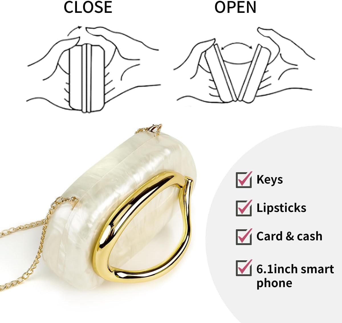 Women Acrylic Clutch Purse Metal Handle Evening Bag Trendy Box Shoulder Crossbody Bag Handbag for Wedding Party Causal - Image 5