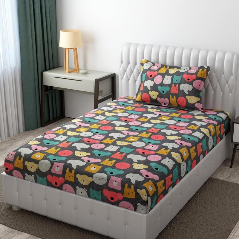 Cartoon Printed Single Fitted Bedsheet with 1 Pillow Cover | 144 TC Glace Cotton, Skin Frindly Fabric Bedsheet for All Seasons | 60 x 90 Inches (Multicolor-Animal)-image-19