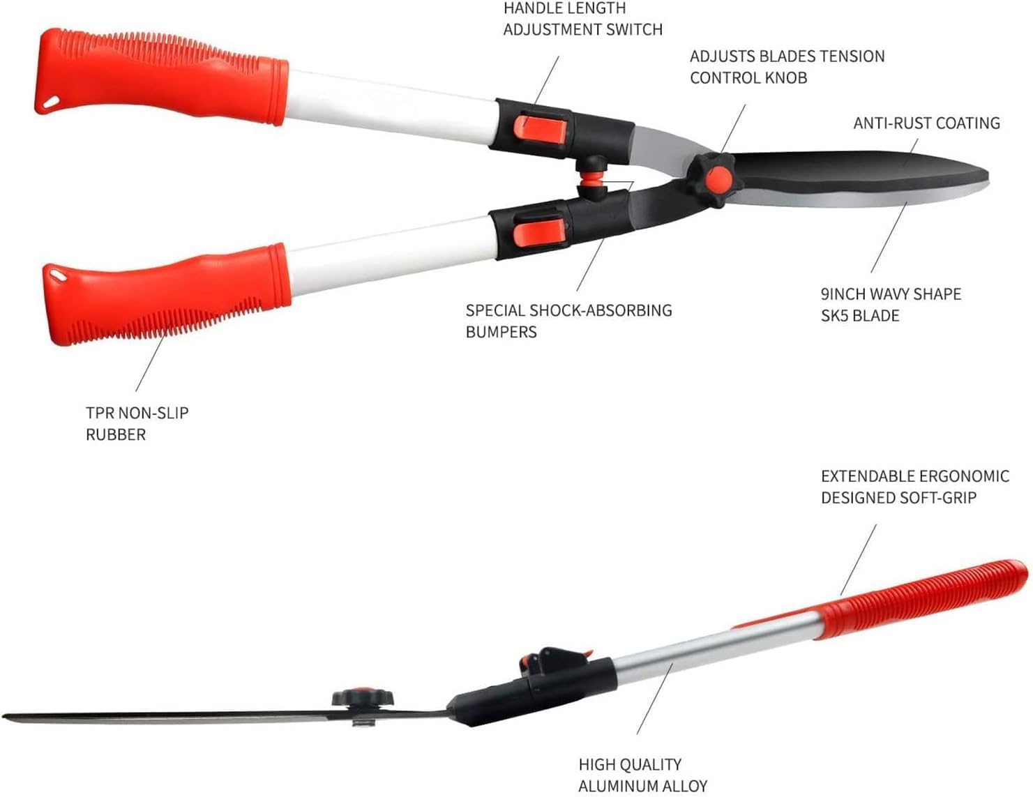 FOX & FERN Premium Extendable Handle Hedge Shears with Adjustable Length Handle | Shock-Absorbing Bumpers and Blade | 9 Inch Wavy Blade GAHA1814R-10