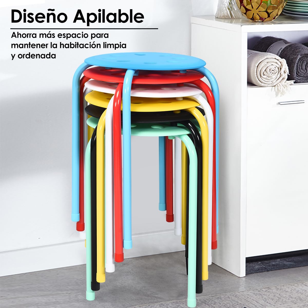 GOPLUS Juego de 6 Taburetes Apilables de Metal, Taburetes Redondons sin Respaldo con Asiento Plástico, Conjunto de Taburetes Portátile para Cocina Comedor Escuela Oficina, 37×37×44 cm (Multicolor)