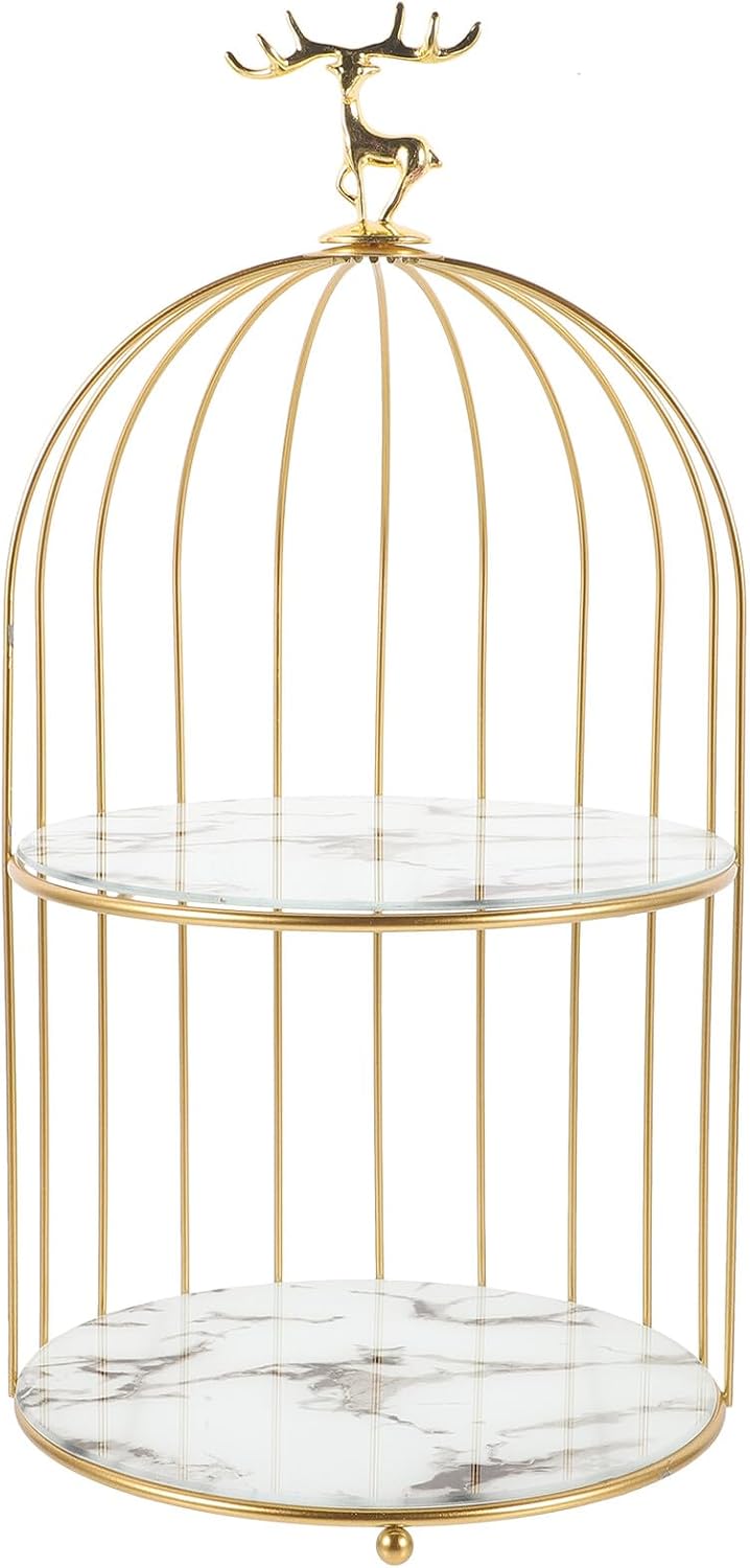 Makeup Organizer Rack Bird Cage Iron Gold-Tone Cosmetics Storage Stand Perfume Display Rack Ornate Tray Dessert Tray Tea Party Serving Platter