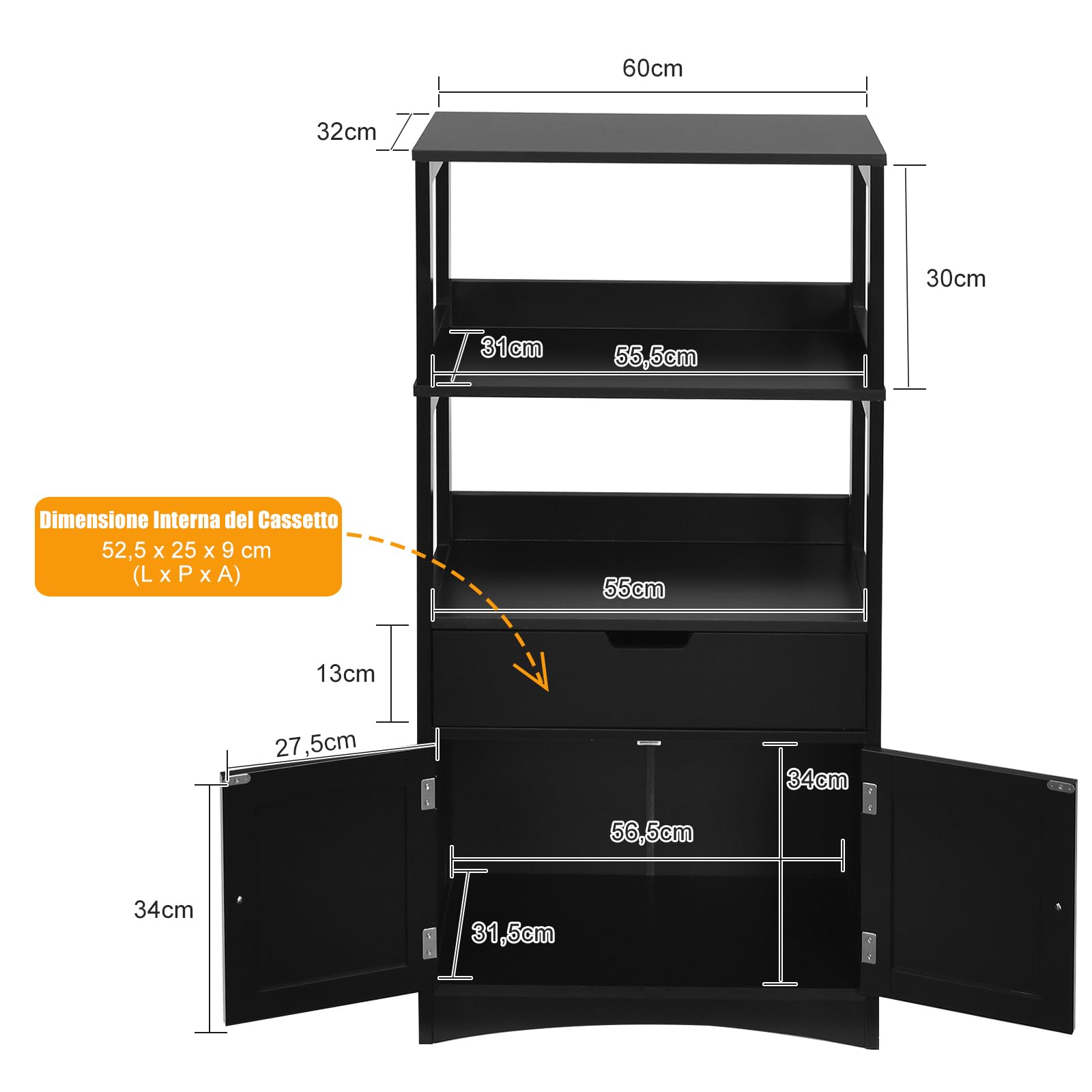 GYMAX Mobiletto da Cucina, con Cassetto e Ripiani Aperti, Mobile Armadietto Salvaspazio, per Bagno, Ingresso, Soggiorno,60 x 32 x 122 cm (Nero)
