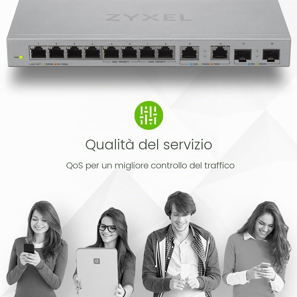 Zyxel Switch non gestito Ethernet multi-Gigabit a 12 porte | 2 x 2.5G | 2 x 10G SFP+ Fiber | 8 x porte GbE | Plug & Play | Montaggio desktop o a parete | Splitter Ethernet | Limitato XGS1010-12