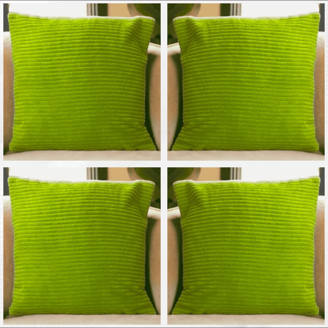 Seechoo Corduroy Cushion Covers, Set of 4, 40 x 40 cm, Plain Soft Striped, Assorted Colours (Lime Green), 40 x 40 cm (Pack of 4)