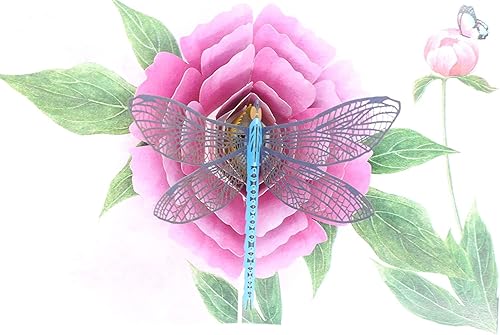 Miniatura 4 de Juego de 2 tarjetas desplegables de libélula, tarjetas emergentes 3D de feliz cumpleaños, tarjeta desplegable 3D de libélula y loto o peonía,