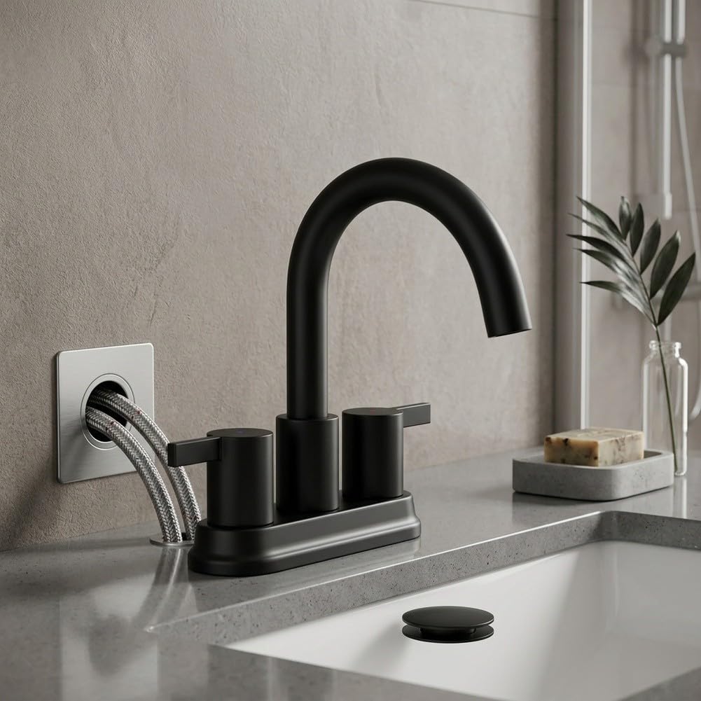 Rubinetto Miscelatore per lavabo a Due Maniglie in Acciaio Inox, Nero, a 3 Fori, con piletta a Sollevamento, Design Moderno, 33x26 cm.