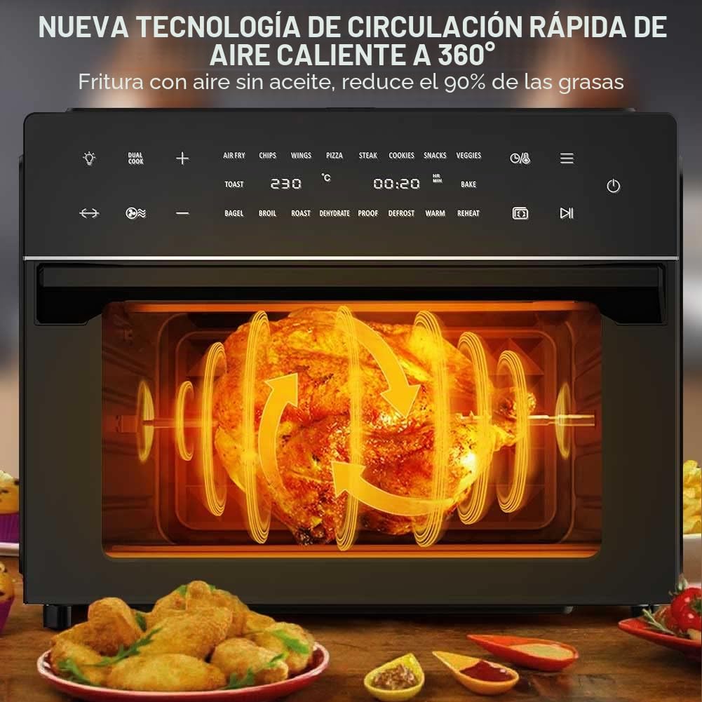 Bakaji Horno freidora de aire caliente, capacidad de 30 litros, 1800 W, freidora seca sin aceite, con pantalla táctil, 18 programas, función de doble cocción, temporizador, regulación de temperatura,