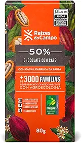 Raízes do Campo Chocolate Meio Amargo 50% Cacau com Café, Barra de 80g, Sem Aromatizantes e Conservantes
