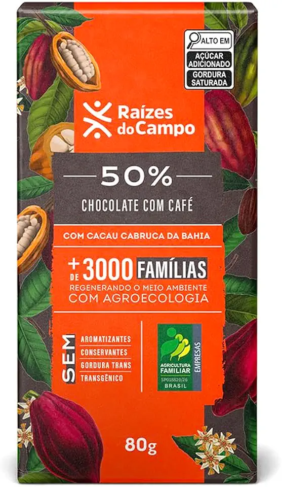Raízes do Campo Chocolate Meio Amargo 50% Cacau com Café, Barra de 80g, Sem Aromatizantes e Conservantes
