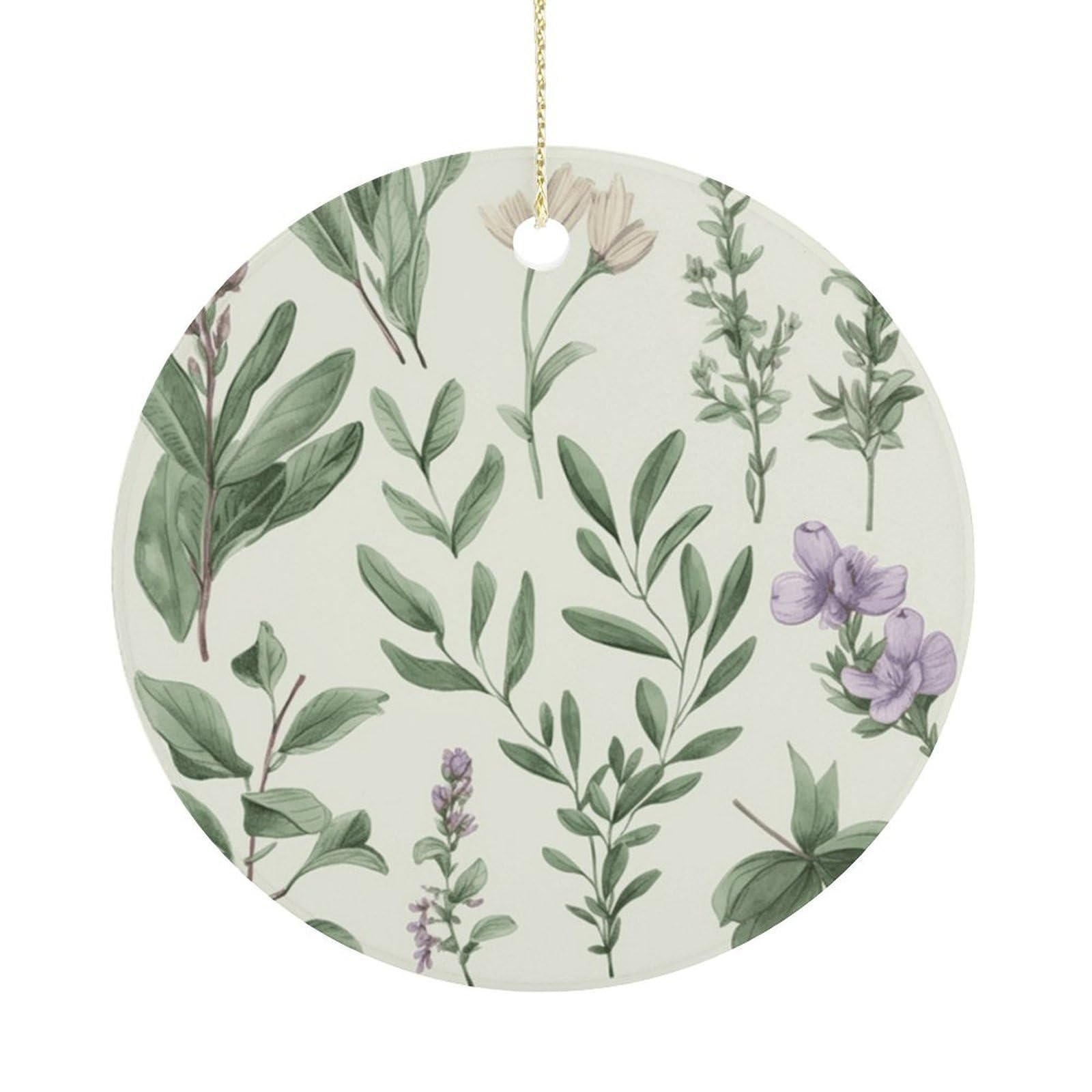 Green Flower Herb Sage Leaves and Branches Christmas Ornament,Round Ceramic Ornaments Personalized Christmas Tree Ornament for Holiday Porcelain Keepsake Gifts Ideas Home Decor