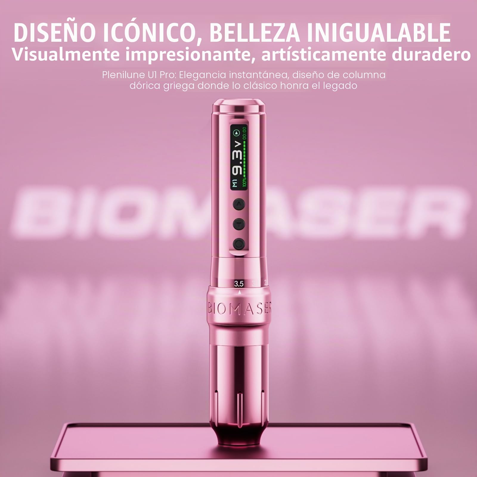 Biomaser U1 Pro - Maquillaje permanente inalámbrico semiinalámbrico, 6 tiempos, ajustable, con 2 pilas de 850 mAh, pantalla OLED para maquillaje semipermanente (Rosa)