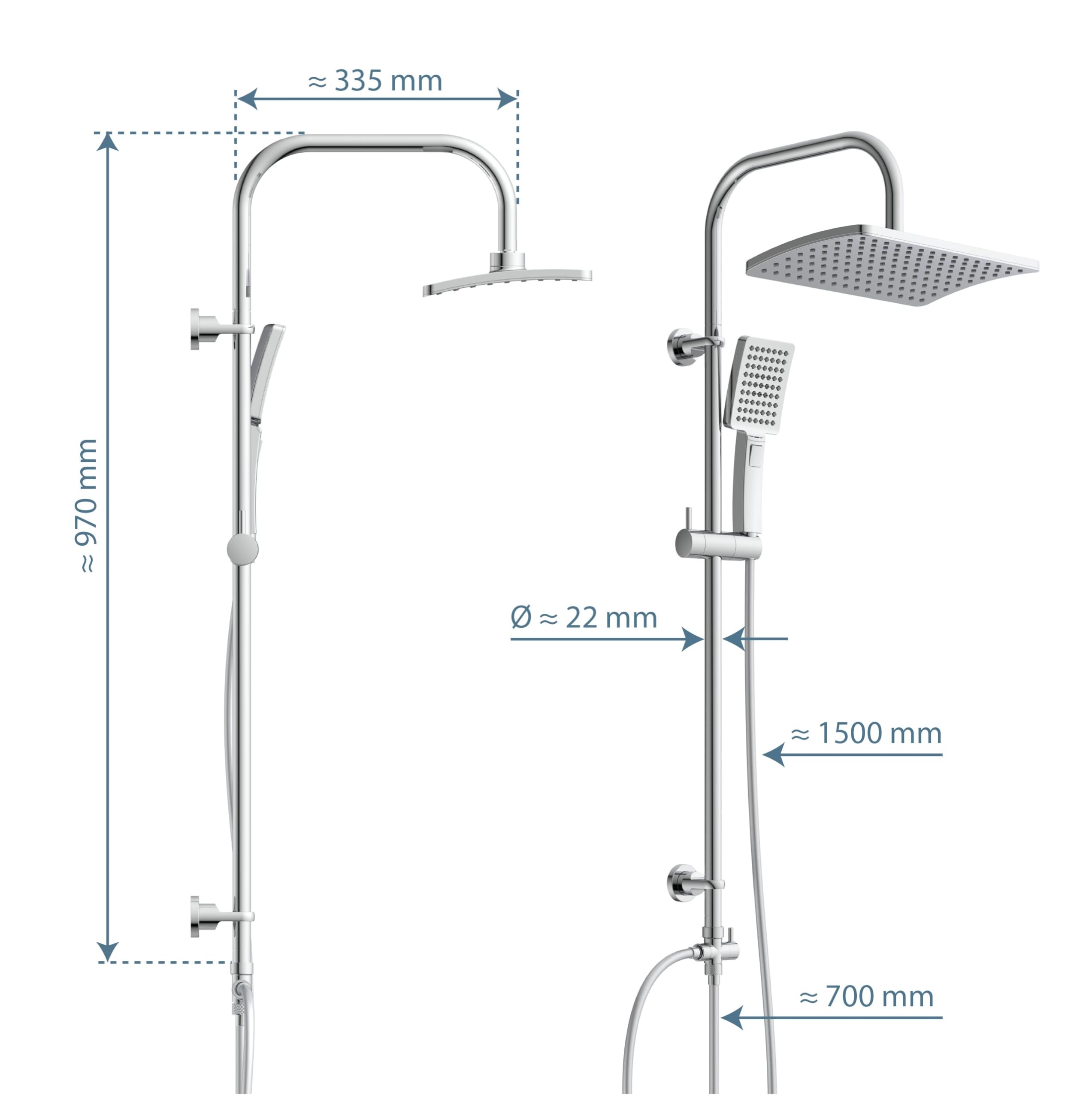 SCHÜTTE Mallorca Set de ducha | Columna de ducha con ducha de lluvia grande | Alcachofa de mano con 3 tipos de chorro | Sistema de ducha con barra de ducha regulable en altura | Ch