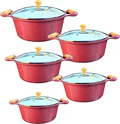 Jogo Panelas Cerâmica Atoxica Antiaderente Com Cabo de Madeira Tampas de Vidro Temperado