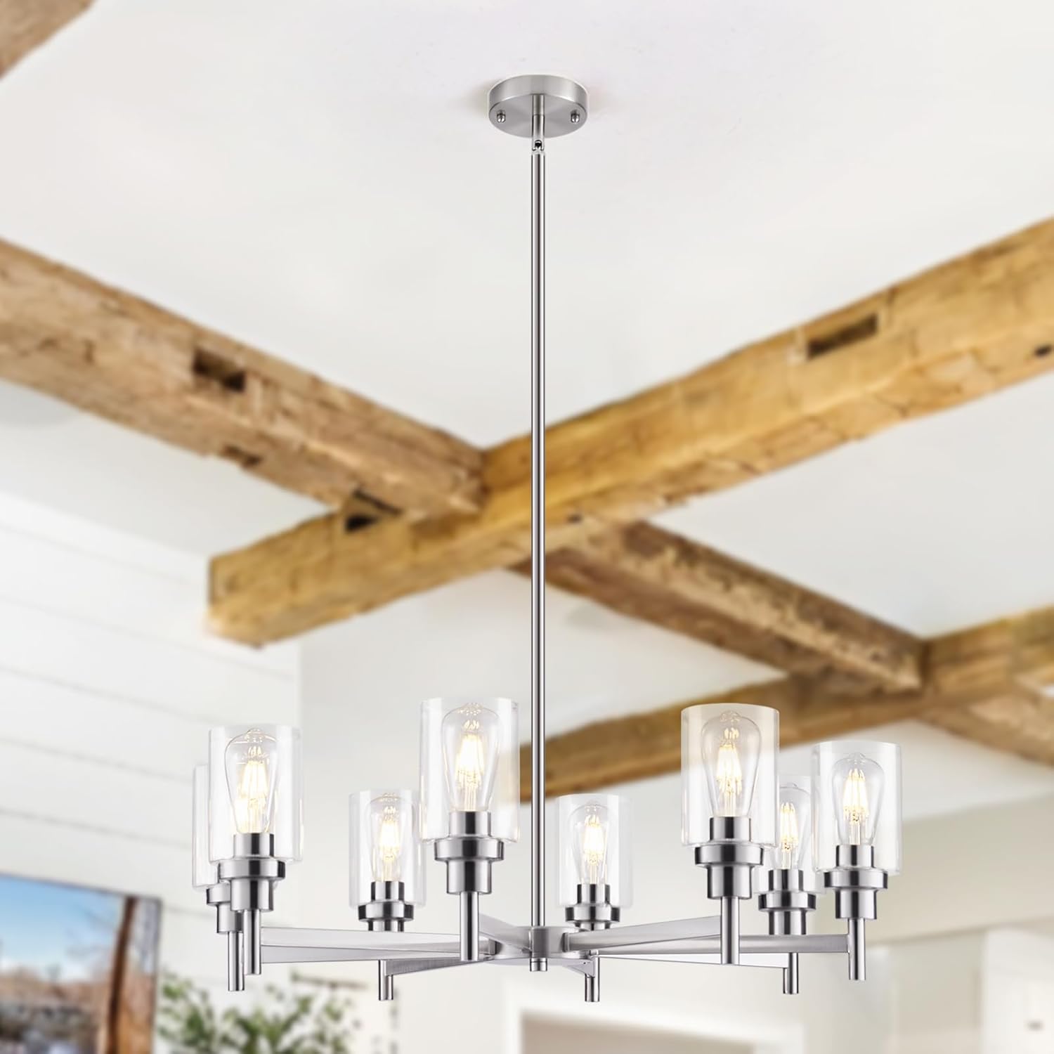 8 Lights Brushed Nickel Chandelier for Dining Room, Farmhouse Modern Contemporary Industrial Ceiling Hanging Pendant Lighting Fixture with Glass Shade for Dinning Kitchen Island Living Room Brushed Nickel (8 Lights)