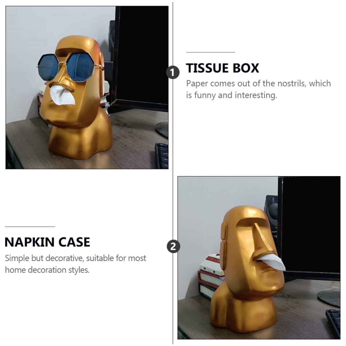 BESTOYARD Boîte à Mouchoirs Statue Moai Décorative Drôle en Résine Dorée Sortie de Papier Narines pour Décoration Intérieure Maison ou Cadeau