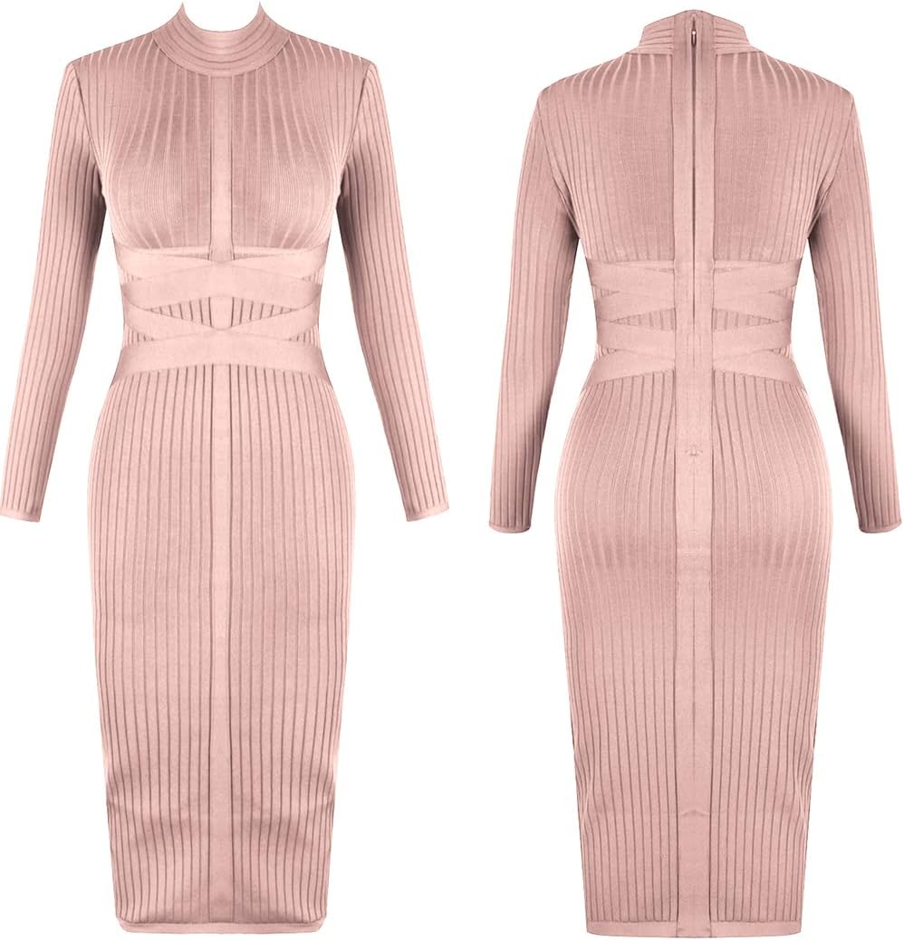 UONBOX Women's Long Sleeves Cross Strap Ribbed Club Party Midi Bodycon Bandage Dress - Image 4