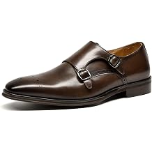 BEAU TODAY Mens Dress Leather Loafers, Slip On Double Monk Strap Shoes, Comfortable Vintage Brogue Loafer Shoes for Men, Business Casual Formal Pointed Toe Loafer Flats