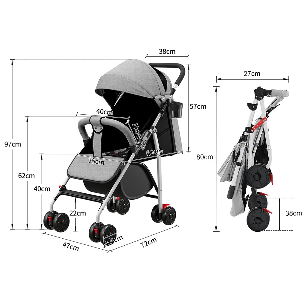 poussette canne compacte, 0 à 4 ans (30kg max), légère (4,8 kg), poussette canne bebe confort,pliable compacte et inclinable,avec coton, porte-gobelet, pare-soleil (Gris)