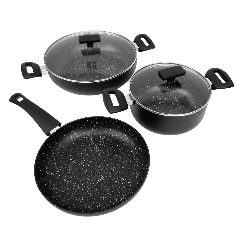 Batería de Cocina 5 Piezas Antiadherente | Juego de Ollas y Sartén de Aluminio | Apta para Inducción, Gas y Vitrocerámica | Tapas de Cristal | Juego de Sartenes y Ollas para Cocina