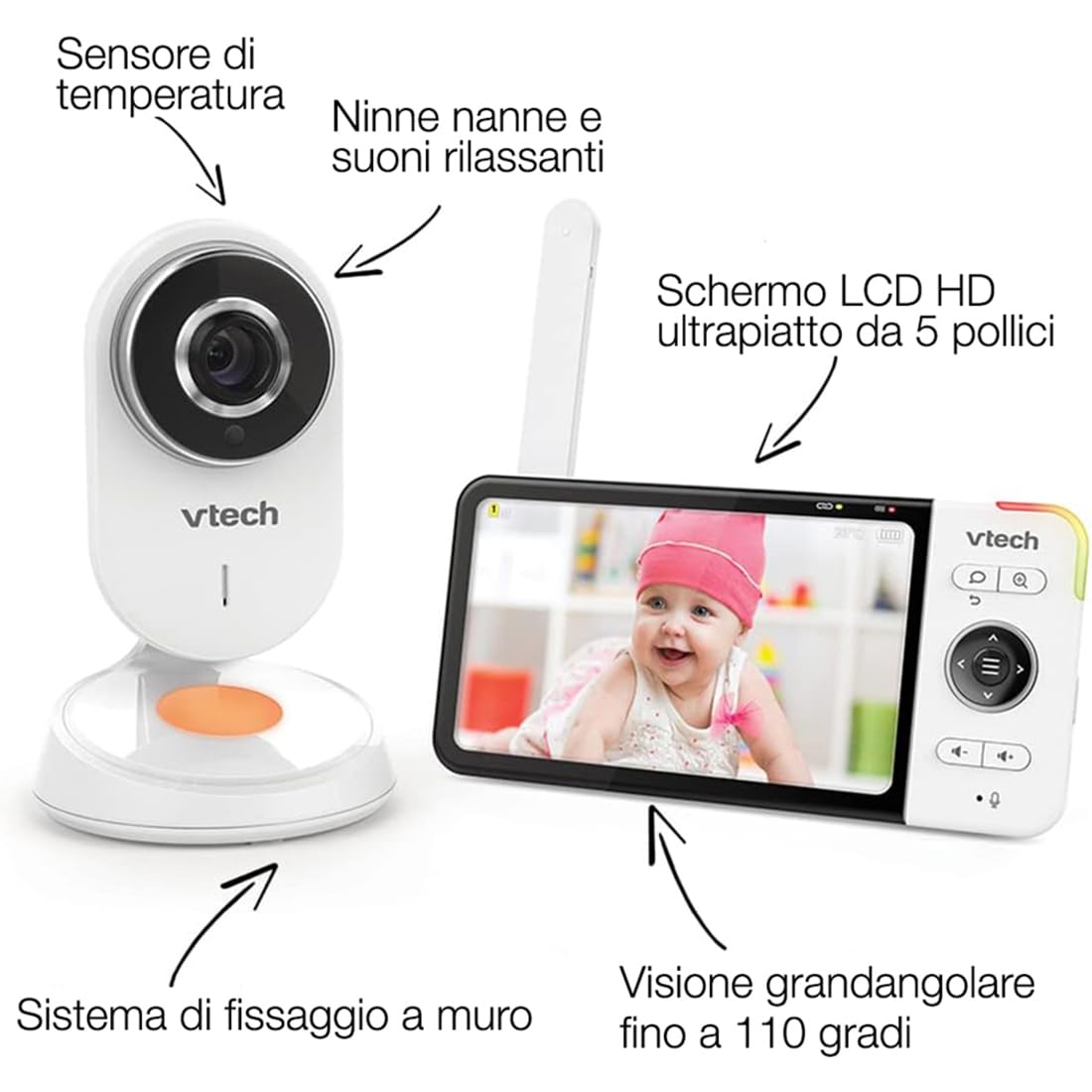 VTech - BM818 - Baby Video Wide View HD - Schermo 5'' Ultra piatto HD -Luce notturna e ninne nanne 720p - Versione IT, Bianco