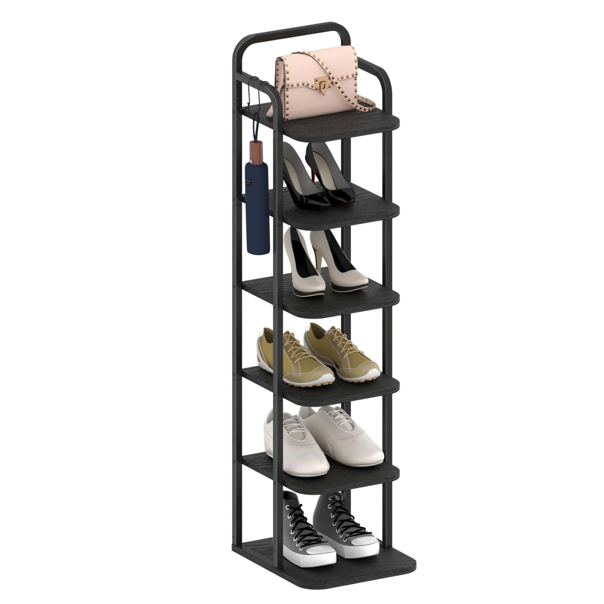 Hzuaneri Vertical Shoe Rack, Shoe Shelves, Wood Shoes Organizer for Closet, Entryway, Shoes Tower for Small Spaces, Freestanding, with 2 Hooks, Black,6 Tier(26.5Wcm) SR04204B — image 1