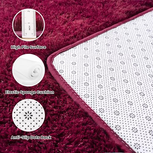 4x6 Rug - Non-Slip Rugs for Living Room - Height Pile 1.4" Plush Rug - Fluffy Throw Carpet for Bedroom - Burgundy