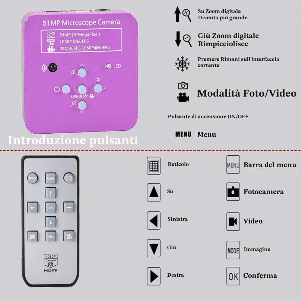 Fotocamera per microscopio Industriale Full HD 51MP 2K 1080P HDMI USB, Obiettivo con Attacco C Zoom 8X-130X 5100 CMOS Pixel Videocamera Digitale Elettronica con Telecomando,Spine statunitensi