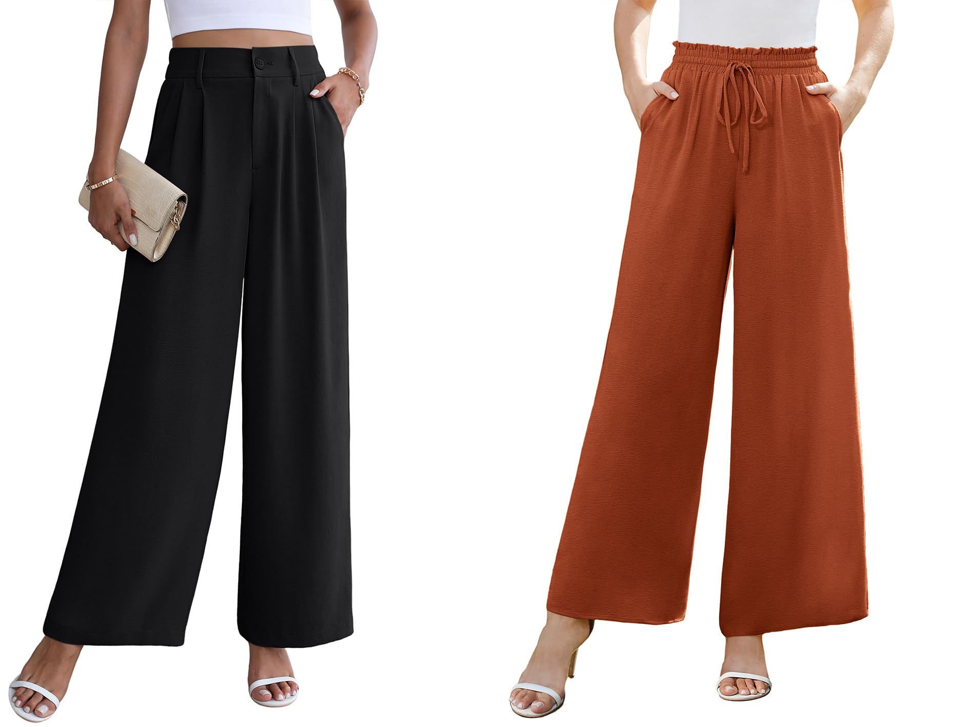 CZYINXIAN Womens Casual High Waisted Wide Leg Pants and Womens Flowy Adjustable Tie Knot Elastic Waist Pants Medium
