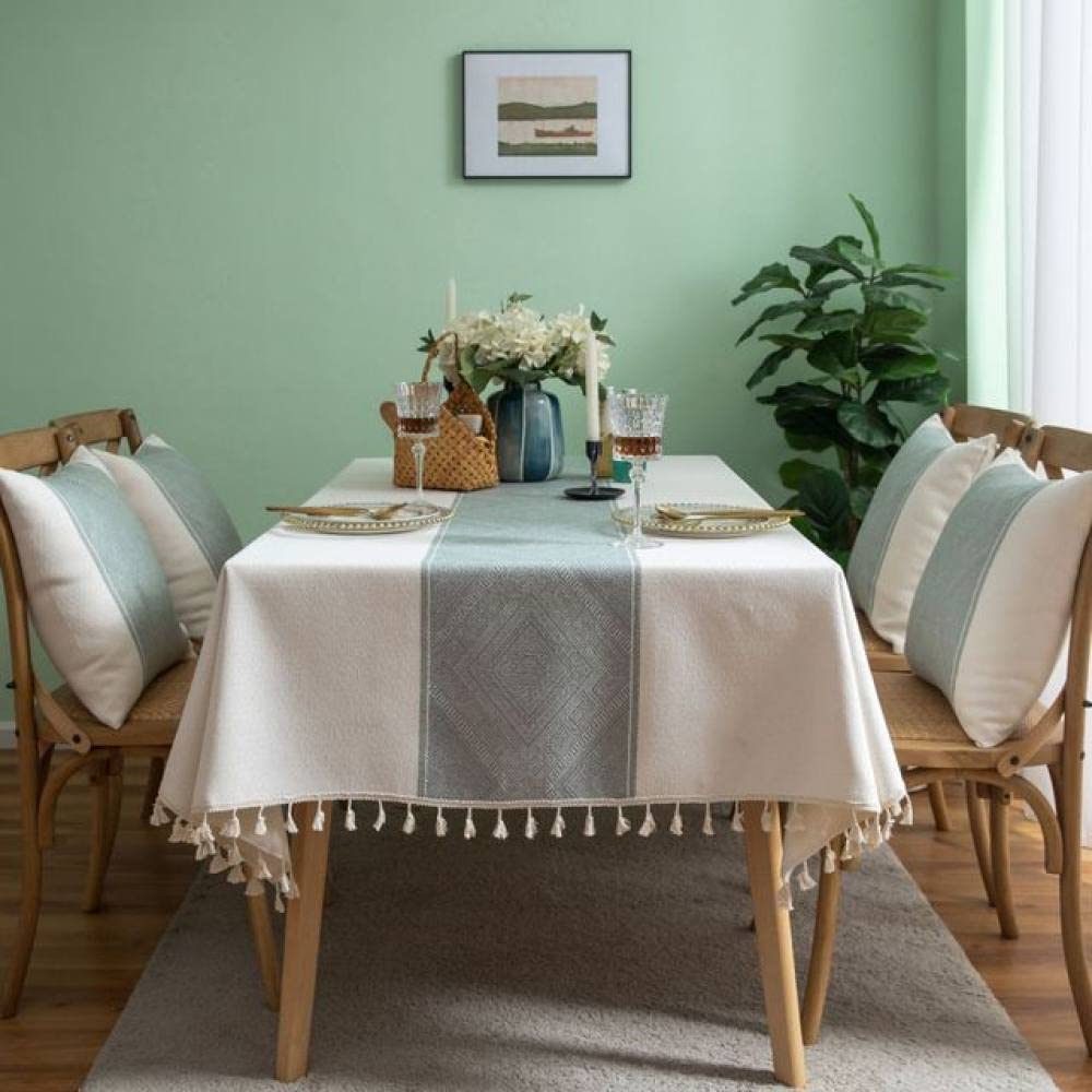 Nappe jacquard géométrique verte en coton-lin 140x220cm pour réveiller votre déco de salle à manger