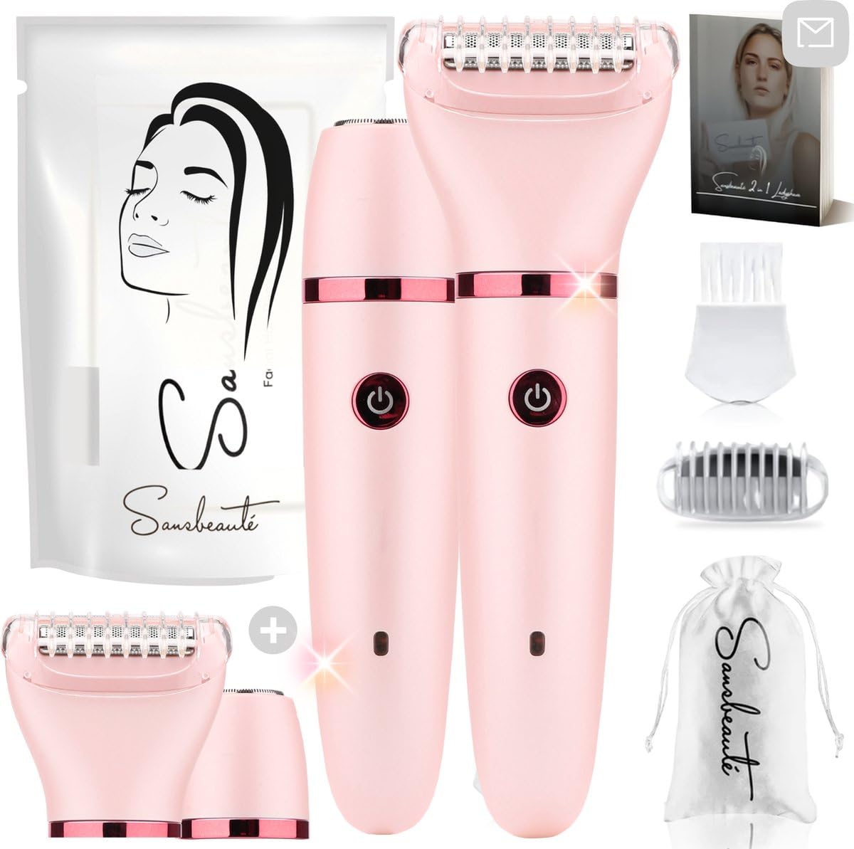 2 in 1 Ladyshave + 2 Extra Rasierköpfe - Gesicht - Achselhöhlen - Beine - Bikinizone -Rasierer Frau Elektrisch Haarentfernung Haarentferner Damen Trimmer Frau Intimzone Schamhaar Ladyshaves Bikini