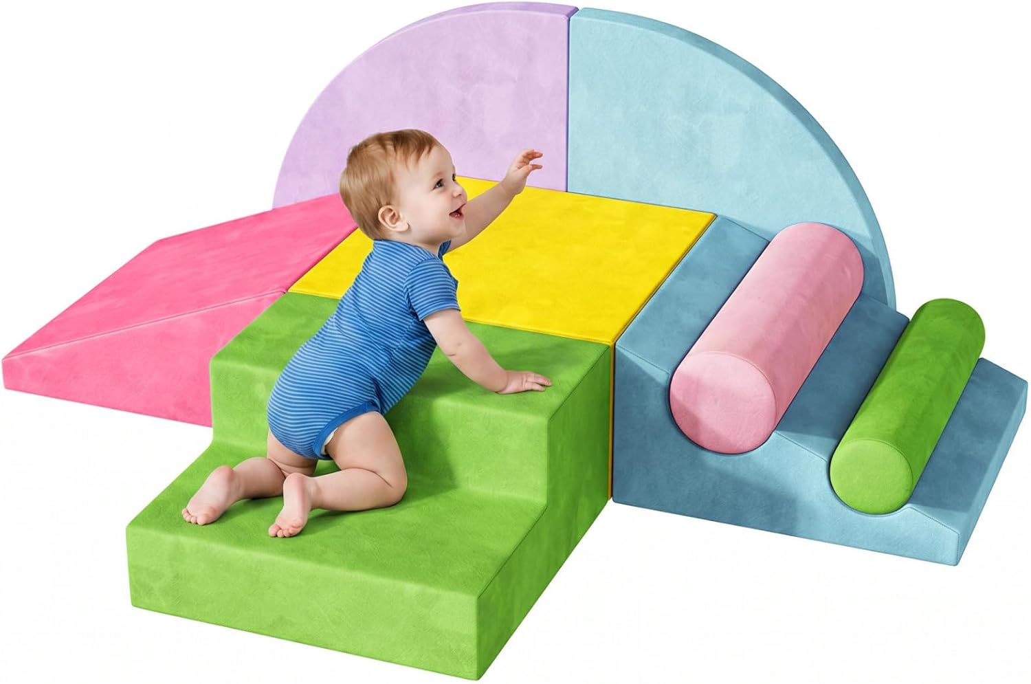 Teckid Climbing Toys for Toddlers 1-3, 8-Piece Indoor Soft Foam Blocks Set with Crawling and Sliding Play Gym, Baby Motor Skills Activity Playset