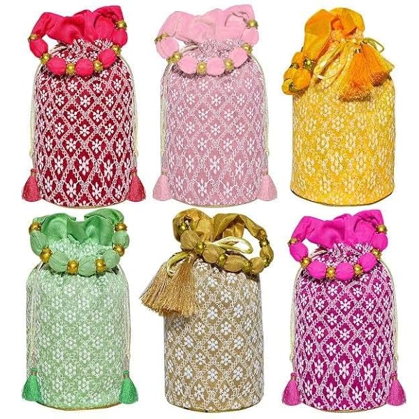 ANKIT TRADERS Traditional Chikankari Work Potli Purse With Beads Handle for Women with Zipper, Potli Bags for Return Gifts, Potli Pouches for Baby Shower, Potli Purse for Ladies,