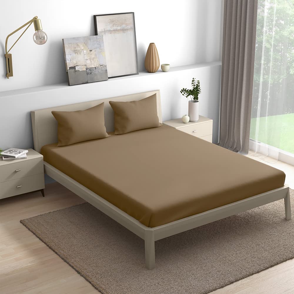 Wakefit Cotton Fitted Bedsheet | 300 TC Elastic Fitted Sheet, Queen Bed Bedsheet with 2 Pillow Covers | Soil Brown - 78x60 inches