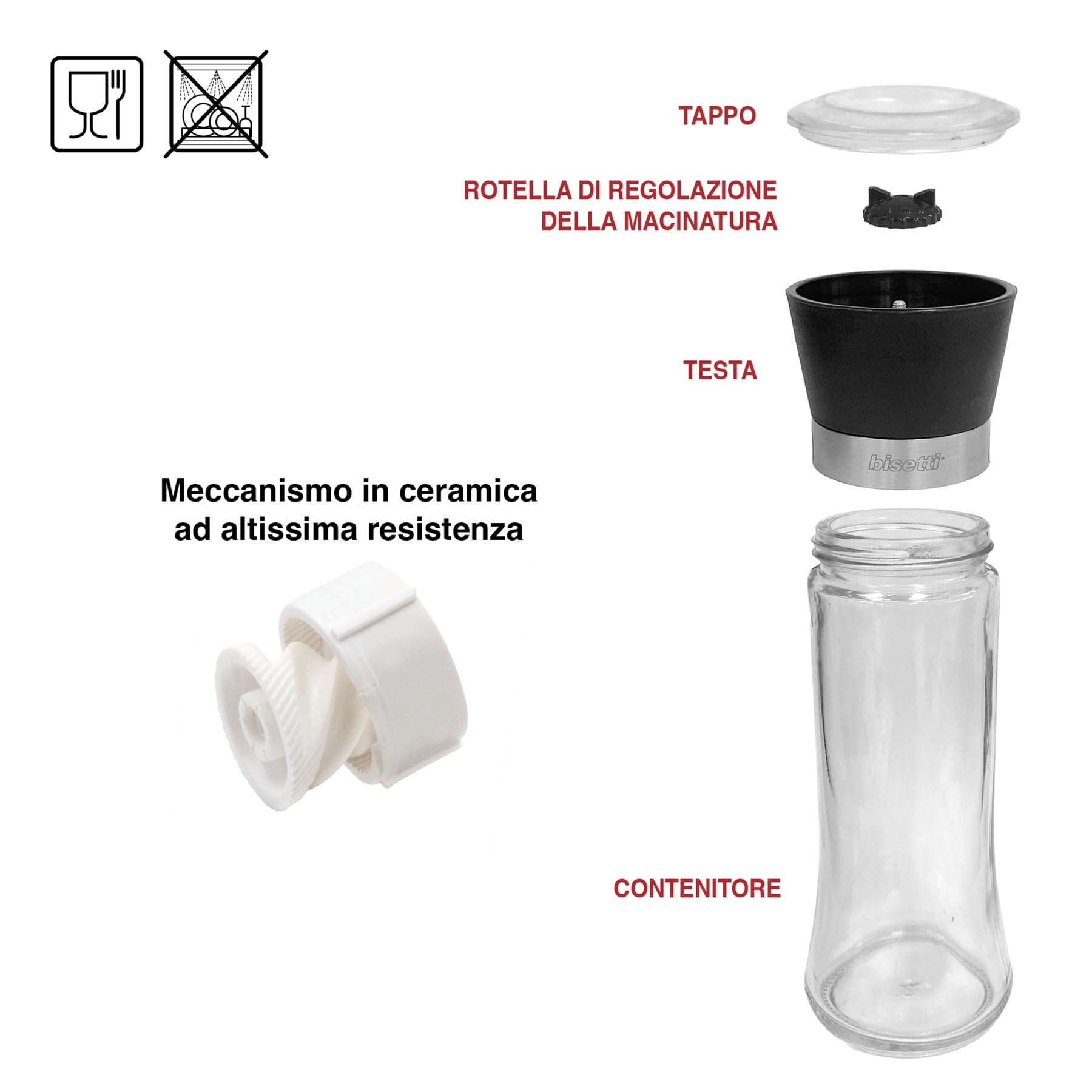 Macina Sale e Pepe, Set Manuale in Acciaio e Vetro - Macina Pepe e Sale Professionale - Design Elegante e Robusto - Ideale per Cucina e Ristorante - Facile da Usare e da Ricaricare - BISETTI