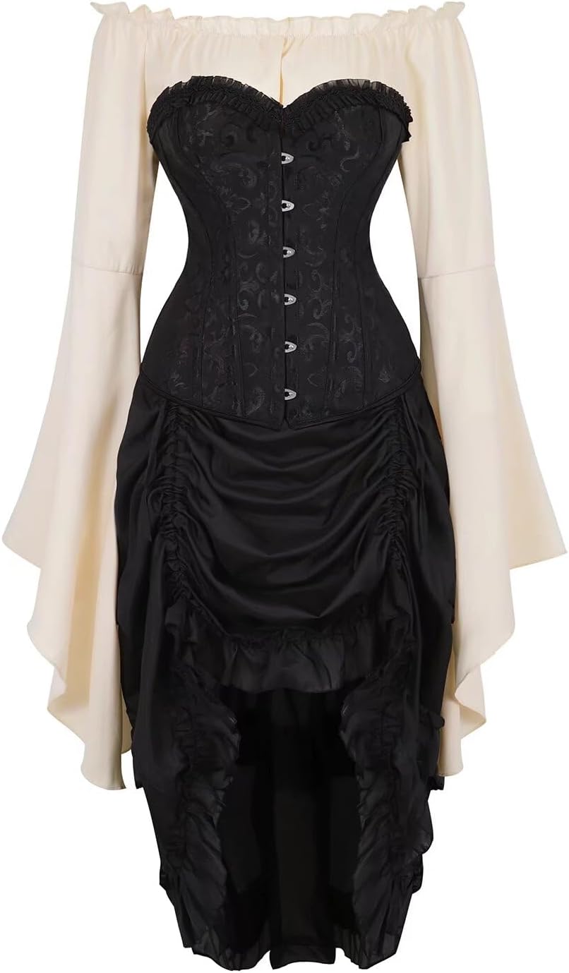 Corset Skirt Dress Burlesque Lingerie Top 3 Piece Bustier Straps Women's Halloween Lace Up Boned