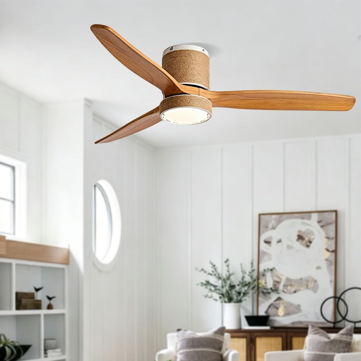 ZJHAHJY 42 Inch Ceiling Fans with Lights, Quiet Flush Mount Fan Light and Remote Control, Dimmable,Reversible,Wood Blades Lights Fixtures for Bedroom, Dining Room