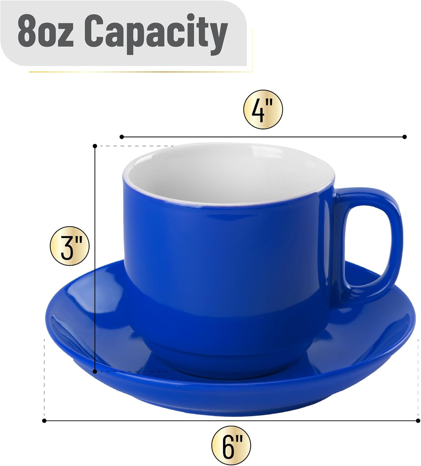 BTaT- Stackable Coffee Cups with Saucers, Set of 6, 8 Ounce, Navy Blue, Porcelain Cappuccino Cups for Coffee Drinks, Cappuccino, Latte, Espresso, Americano and Tea, Microwave & Dishwasher Safe