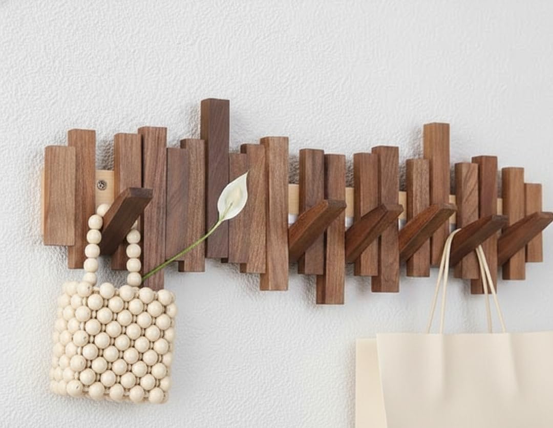 XSOURCE Wooden Wall Mounted Coat Rack with Hooks – Decorative Solid Wood Wall Hook Organizer for Entryway, Hallway & Bedroom, Modern Rustic Wooden Wall Hanger for Coats, Jackets, Bags (8- Hook Piano)