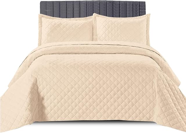 Prime Linens Double Bedspread Bed Throw Embossed Pattern Decorative Coverlet Bedding Set Reversible Quilted Bedspread (Double - Beige)
