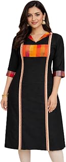 Exclusive Black Kurti with Multicolor Striped Panel, V-Neck, 3/4 Sleeves, Traditional Indian Ethnic Wear Price In India