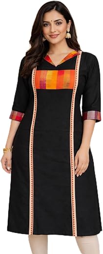 Exclusive Black Kurti with Multicolor Striped Panel, V-Neck, 3/4 Sleeves, Traditional Indian Ethnic Wear