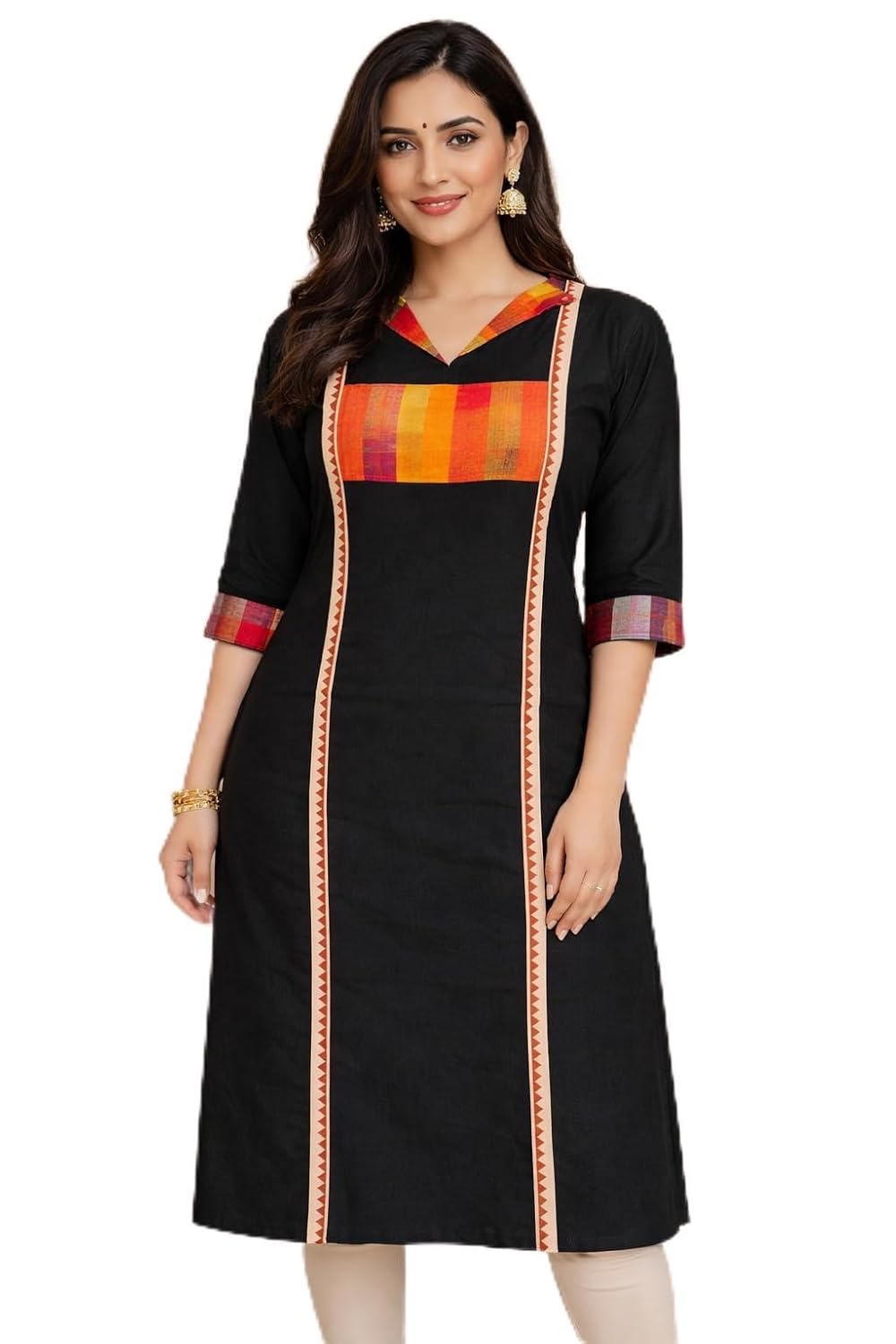 Exclusive Black Kurti with Multicolor Striped Panel, V-Neck, 3/4 Sleeves, Traditional Indian Ethnic Wear - Review, Price and Buying Guide