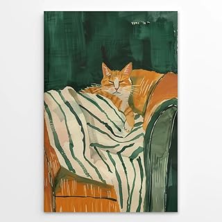 Funny Sleeping Cat Dark Green Wall Art Modern Humor Animal Poster Minimalist Orange Kitten Canvas Print Stripe Boho Home Decor for Living Room Office Dorm Pet Lover 12x18inch UnFramedd