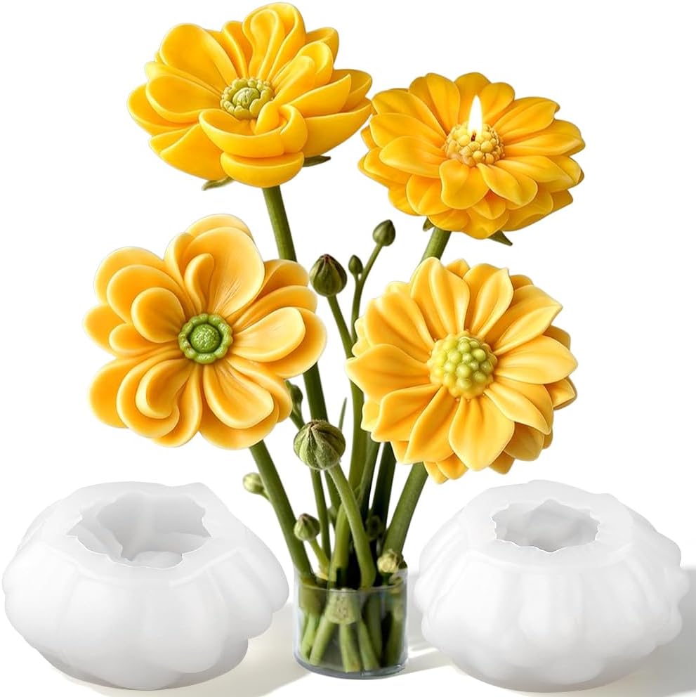 2Pcs Flower Silicone Mold 3D Peony Daisy Silicone Mold Flower Candle Molds for Candle Making Home Decorations Floral Fondant Molds Chcolate Floral Craft Mould for DIY Aroma Candles Resin Soap Plaster